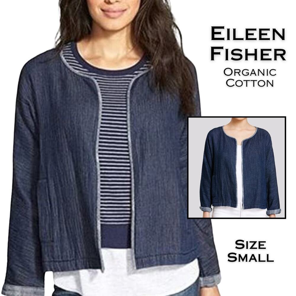 Eileen Fisher Organic Cotton Jacket Small Denim Indigo Short Open Double Weave